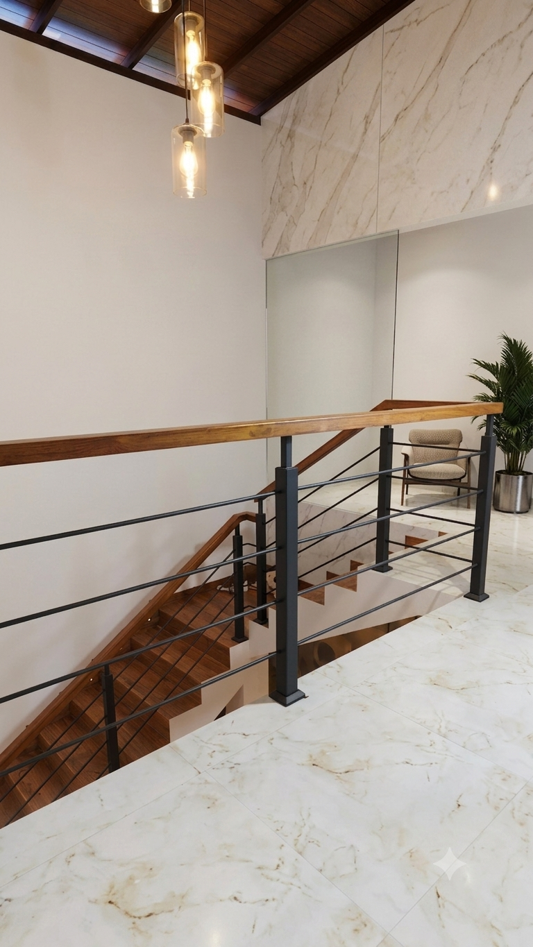 Modern Horizontal Cable Railing with Timber Cap