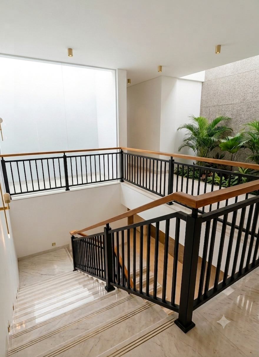 Modern Dual-Level Black Steel & Teak Wooden Handrail System